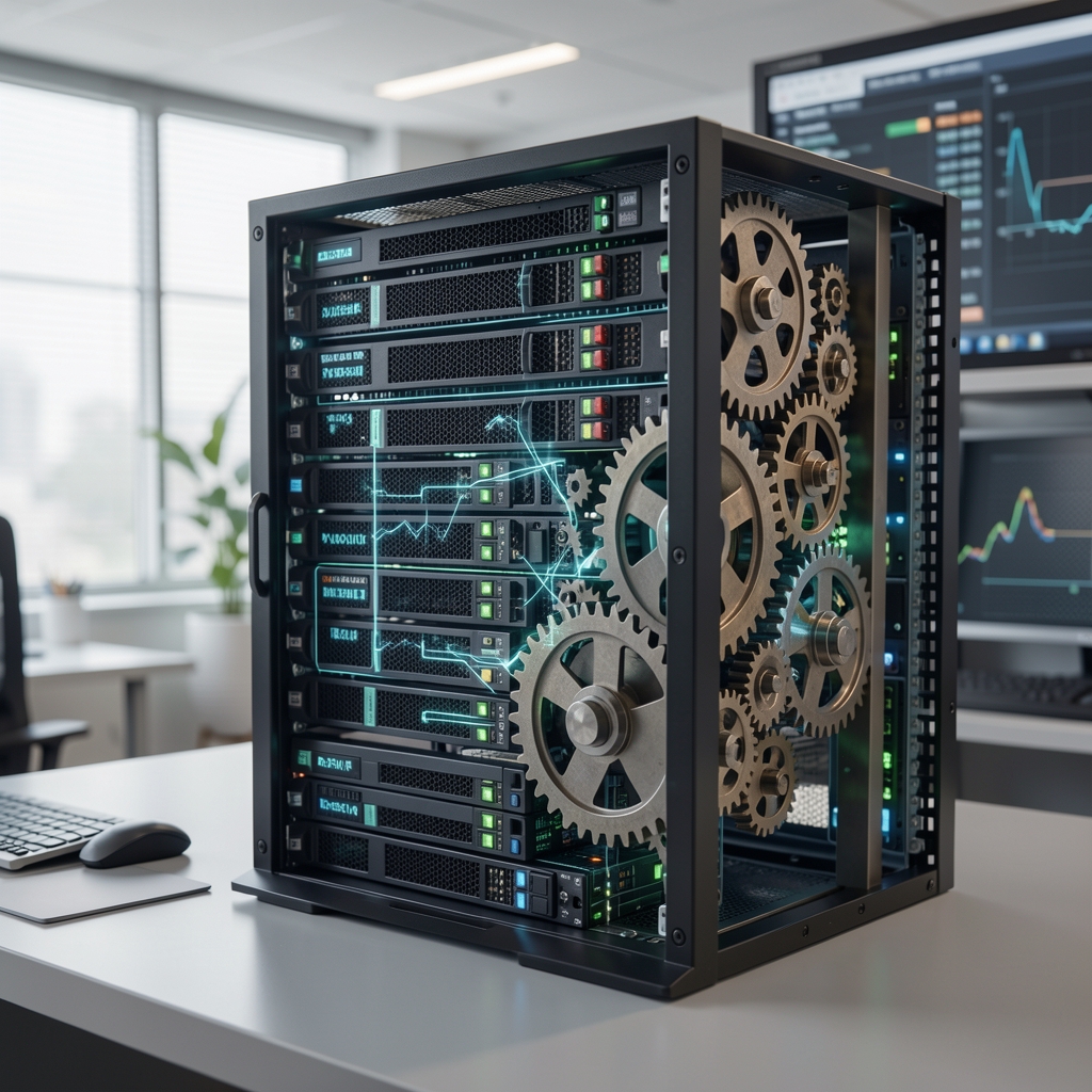 Servidor de datos y engranajes digitales representando la automatización de procesos contables