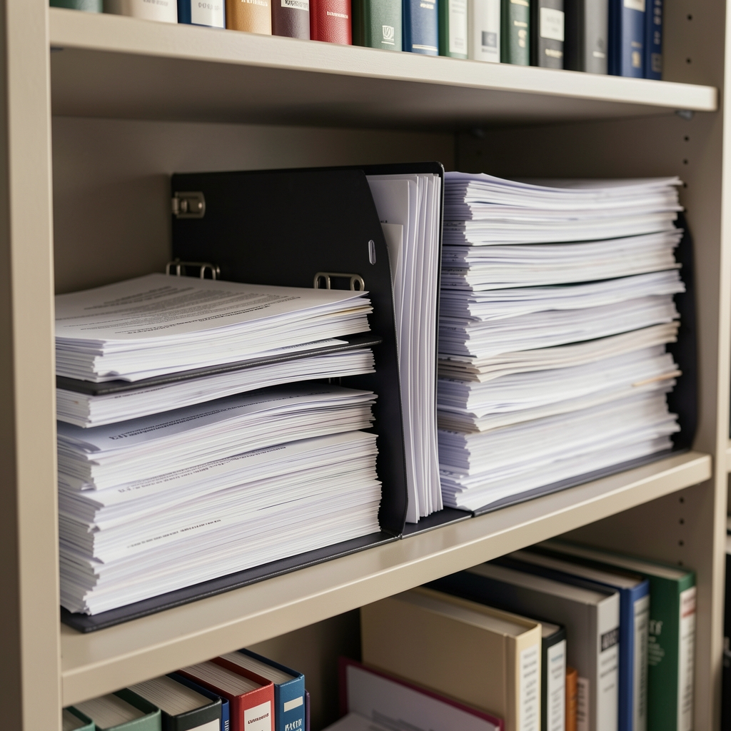 Carpetas archivadas con documentos normativos contables ordenados en un estante de oficina