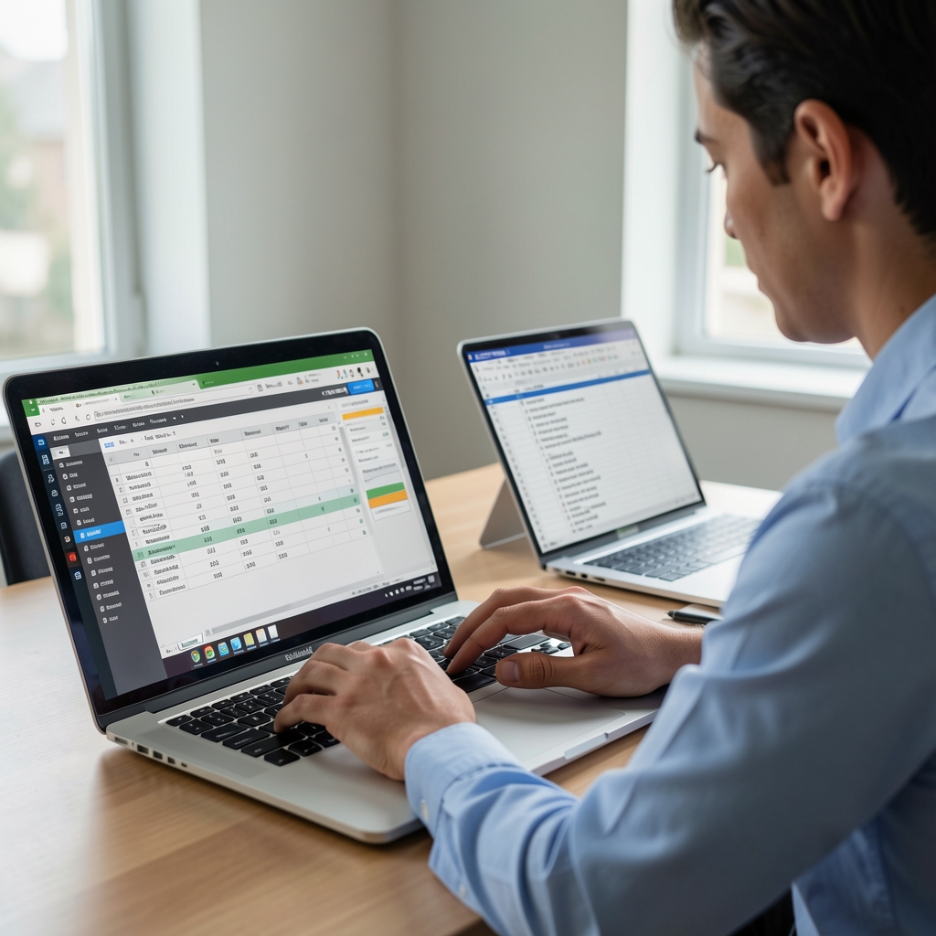 Persona utilizando software de contabilidad en una laptop con hojas de cálculo abiertas
