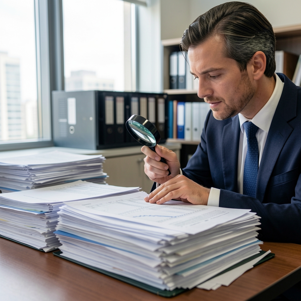 Auditor revisando registros contables con lupa sobre una pila de documentos financieros
