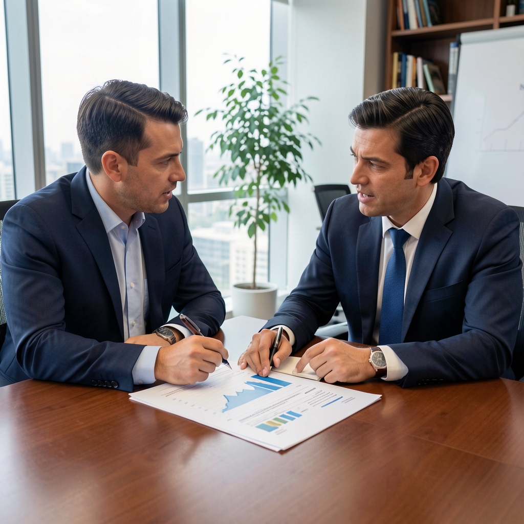 Dos profesionales contables discutiendo un informe financiero impreso en una mesa de conferencias