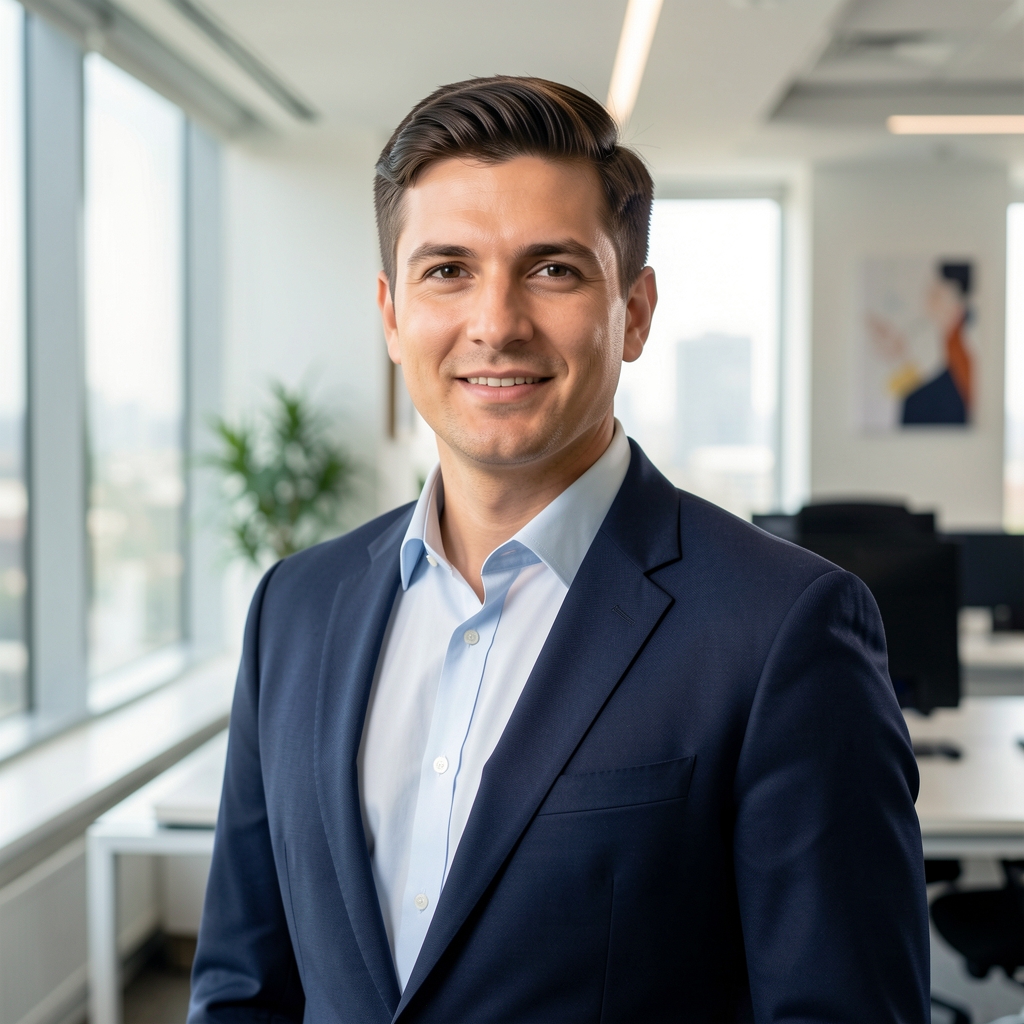 Retrato profesional de un analista financiero con camisa formal en una oficina moderna
