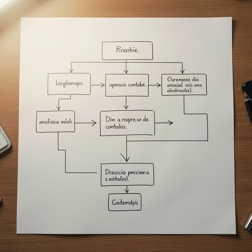 Diagrama de flujo dibujado a mano sobre papel describiendo un proceso de análisis contable