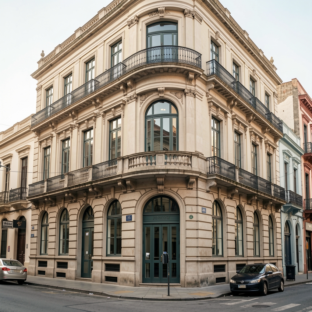 Fachada de un edificio de oficinas de estilo clásico en el barrio de Balvanera, Buenos Aires