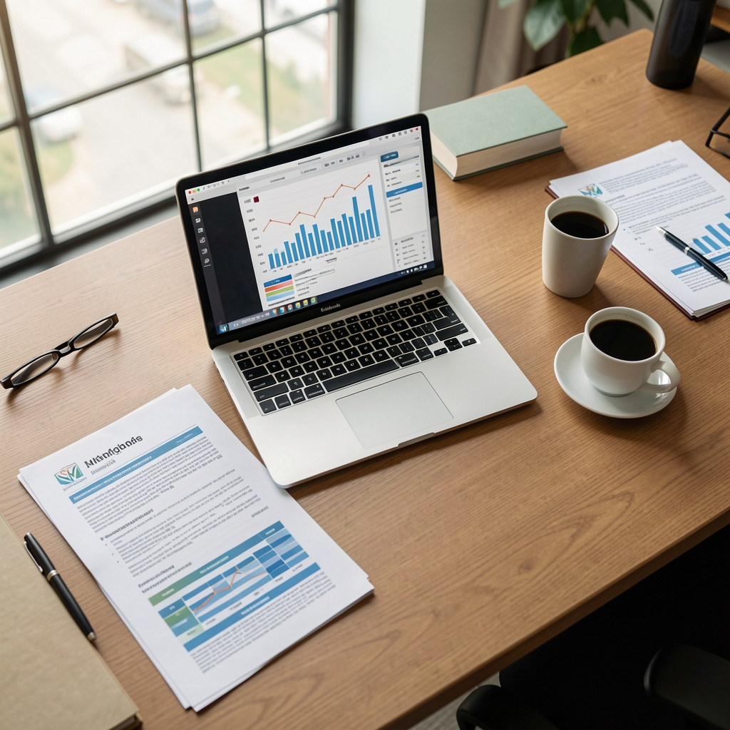 Vista superior de una mesa de oficina con laptop, informes financieros y taza de café